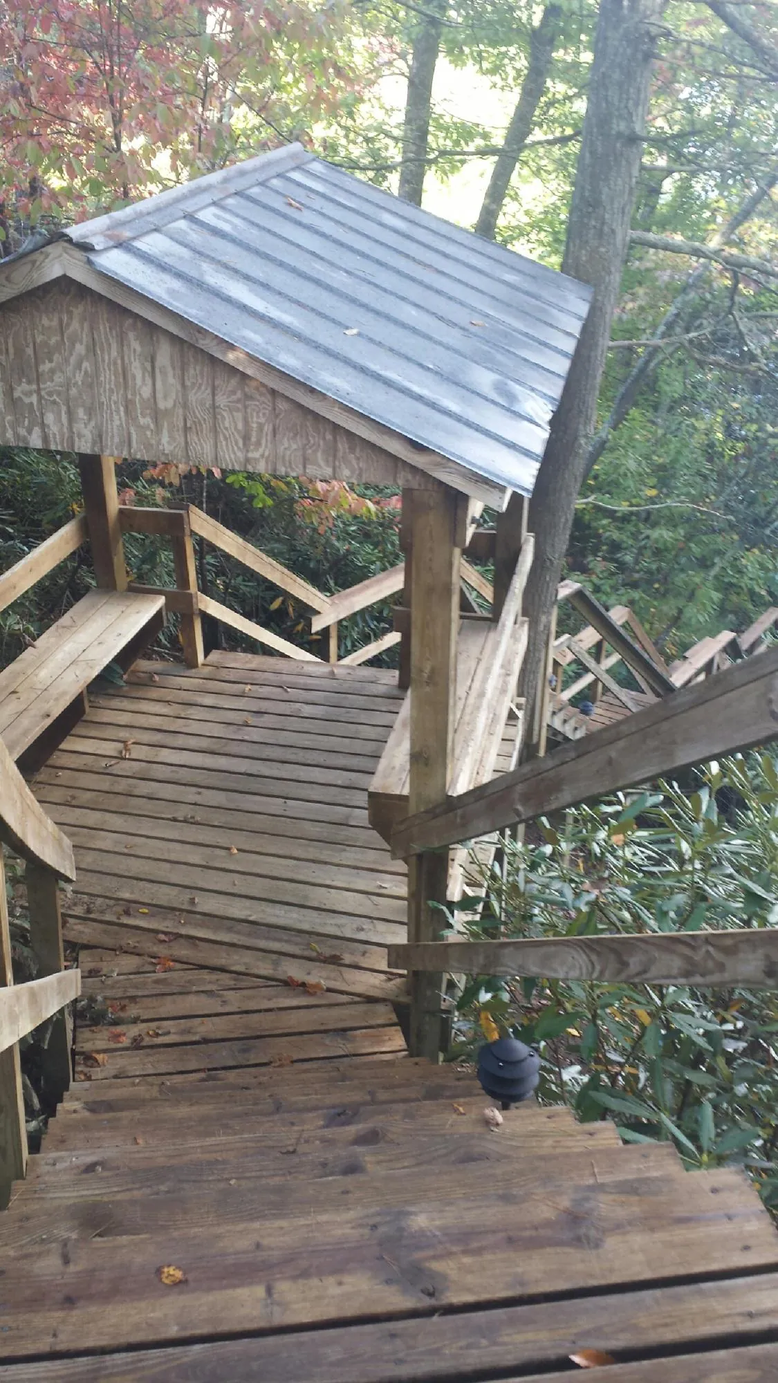 Metal roofed shelter over wooden steps on a wooded walkway — Skylight Repair & Installation work by our crew in Minier